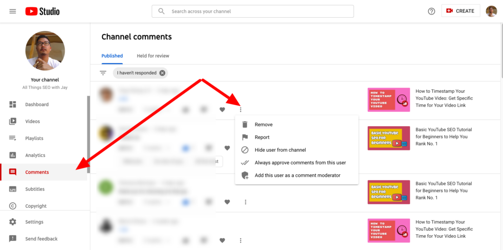 Banning users that have already published YouTube comments